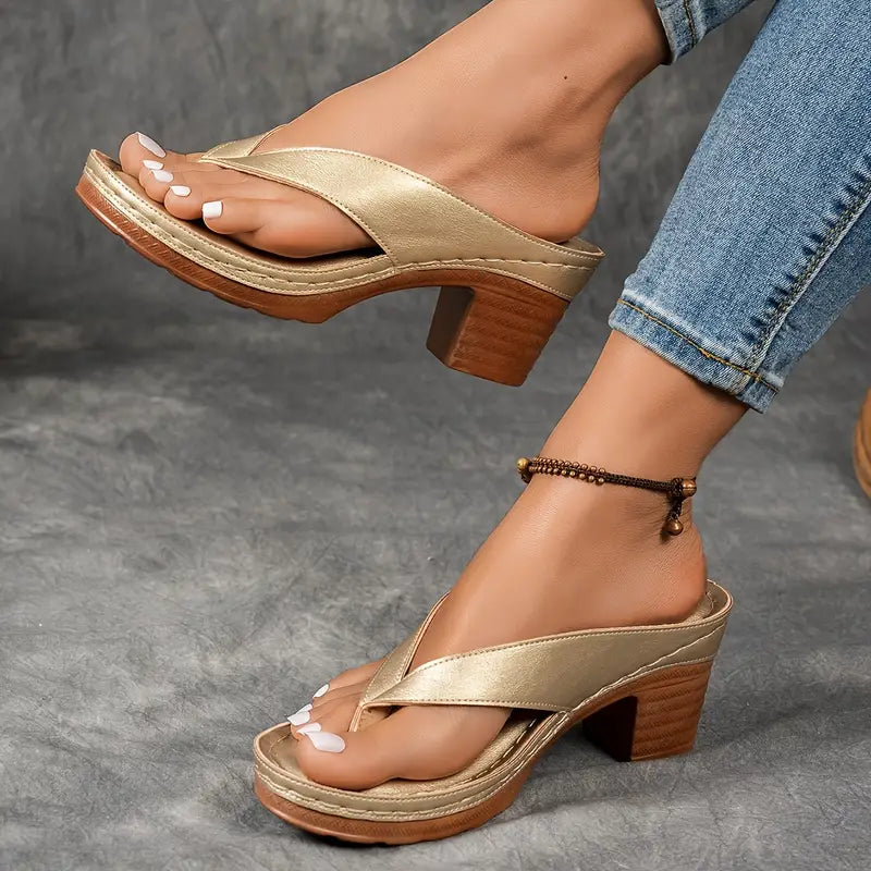 Women’s Open Toe Heel Sandals with V Strap and Block Heel