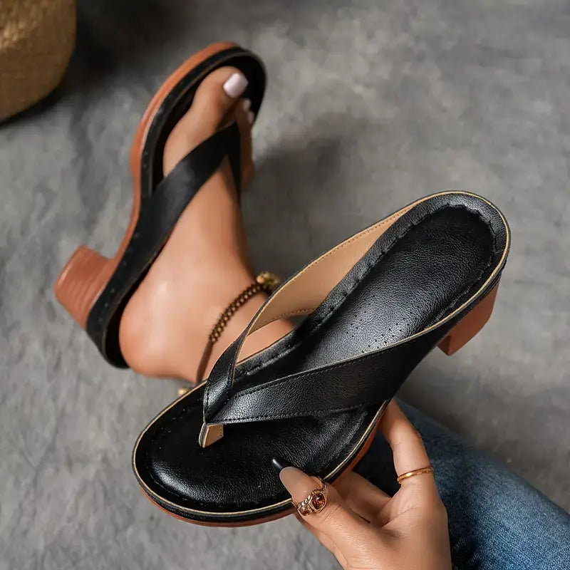 Women’s Open Toe Heel Sandals with V Strap and Block Heel
