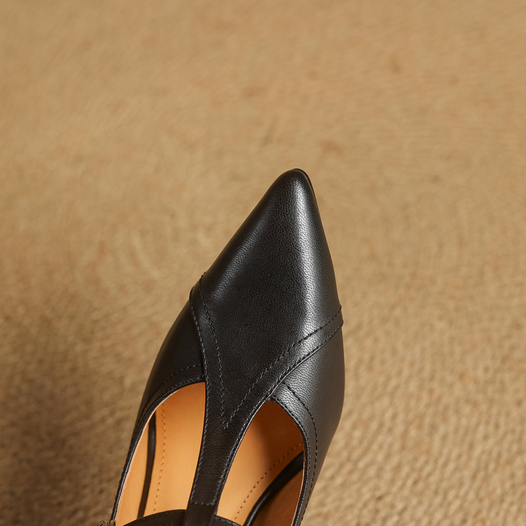 Women’s T-Strap Pointed Toe High Heels – Buckle Strap Closed Toe Shoes