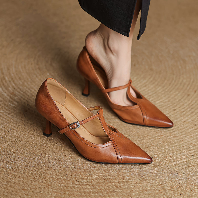 Women’s T-Strap Pointed Toe High Heels – Buckle Strap Closed Toe Shoes