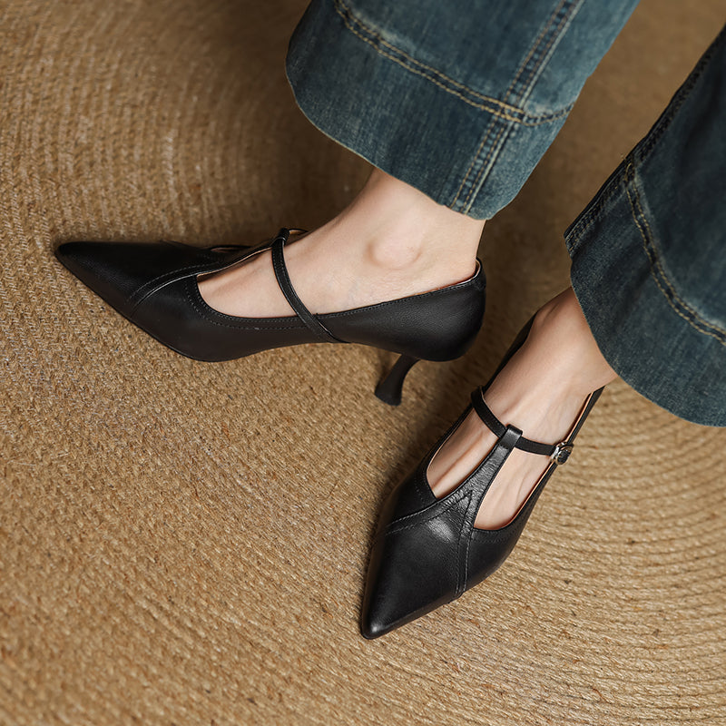 Women’s T-Strap Pointed Toe High Heels – Buckle Strap Closed Toe Shoes