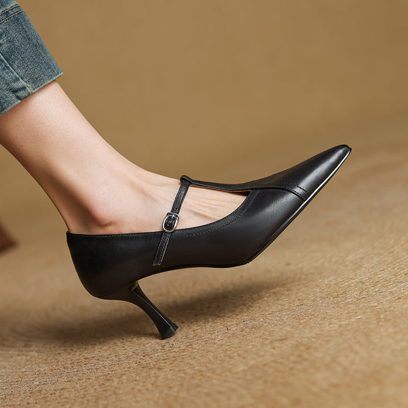Women’s T-Strap Pointed Toe High Heels – Buckle Strap Closed Toe Shoes