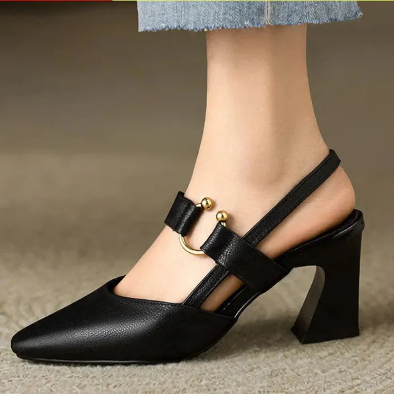 Women’s Pointed Toe Slingback Heels with Block Heel and Strap Detail