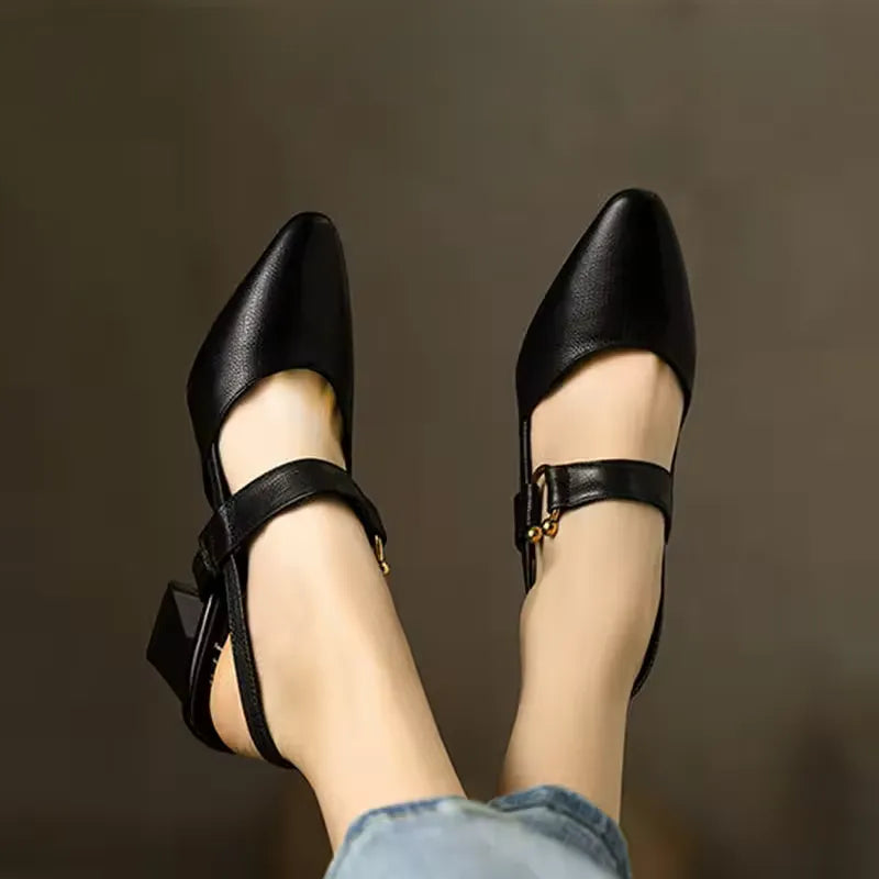 Women’s Pointed Toe Slingback Heels with Block Heel and Strap Detail