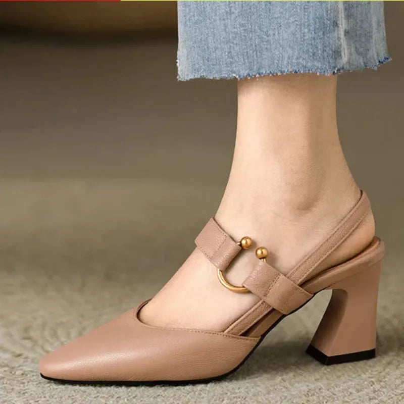 Women’s Pointed Toe Slingback Heels with Block Heel and Strap Detail
