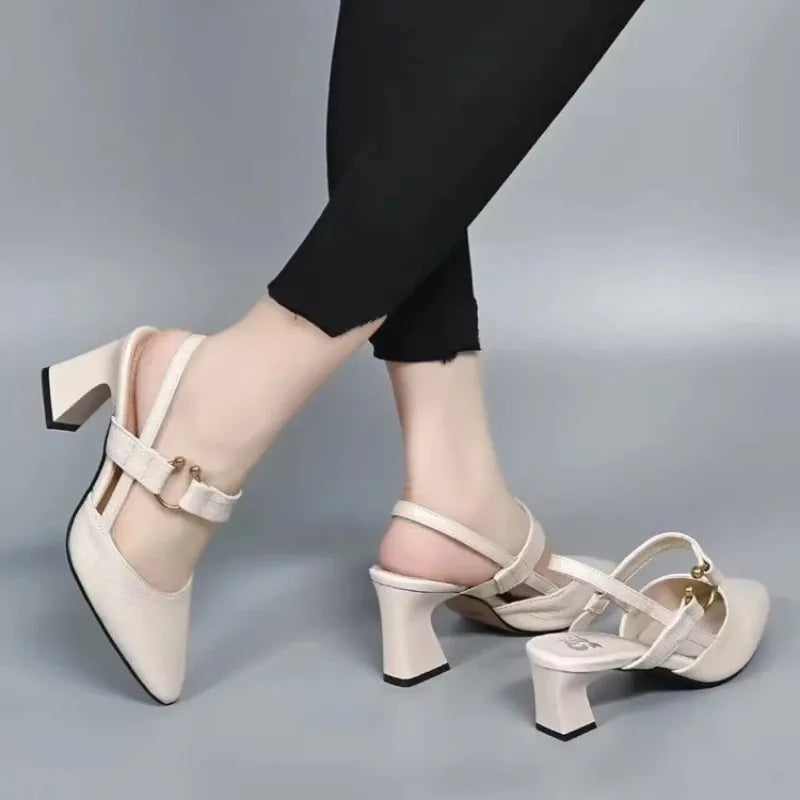 Women’s Pointed Toe Slingback Heels with Block Heel and Strap Detail