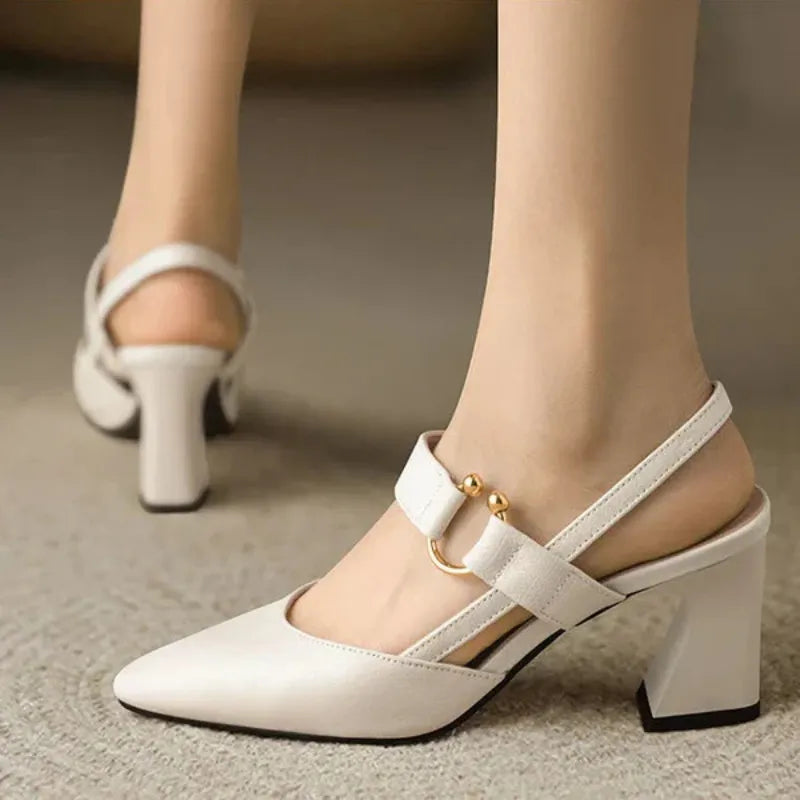Women’s Pointed Toe Slingback Heels with Block Heel and Strap Detail