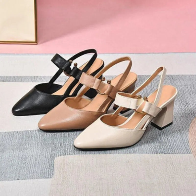 Women’s Pointed Toe Slingback Heels with Block Heel and Strap Detail