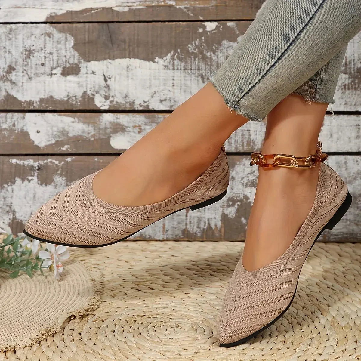 Women’s Pointed Toe Slip-On Knit Flats – Textured Minimal Design