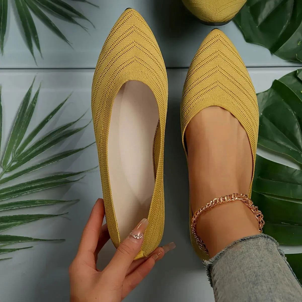 Women’s Pointed Toe Slip-On Knit Flats – Textured Minimal Design