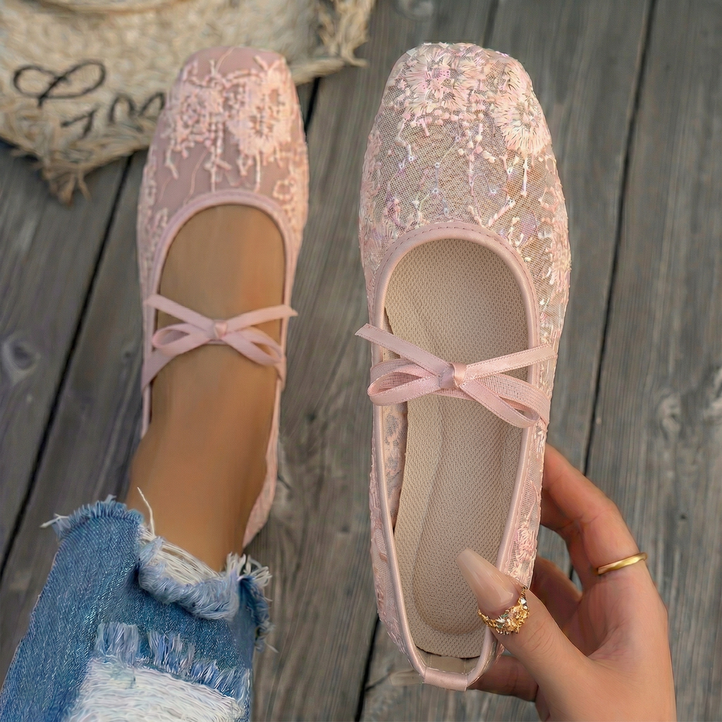 Women’s Mesh Mary Jane Flats - Sheer Panel Design - Bow Detail - Flat Sole