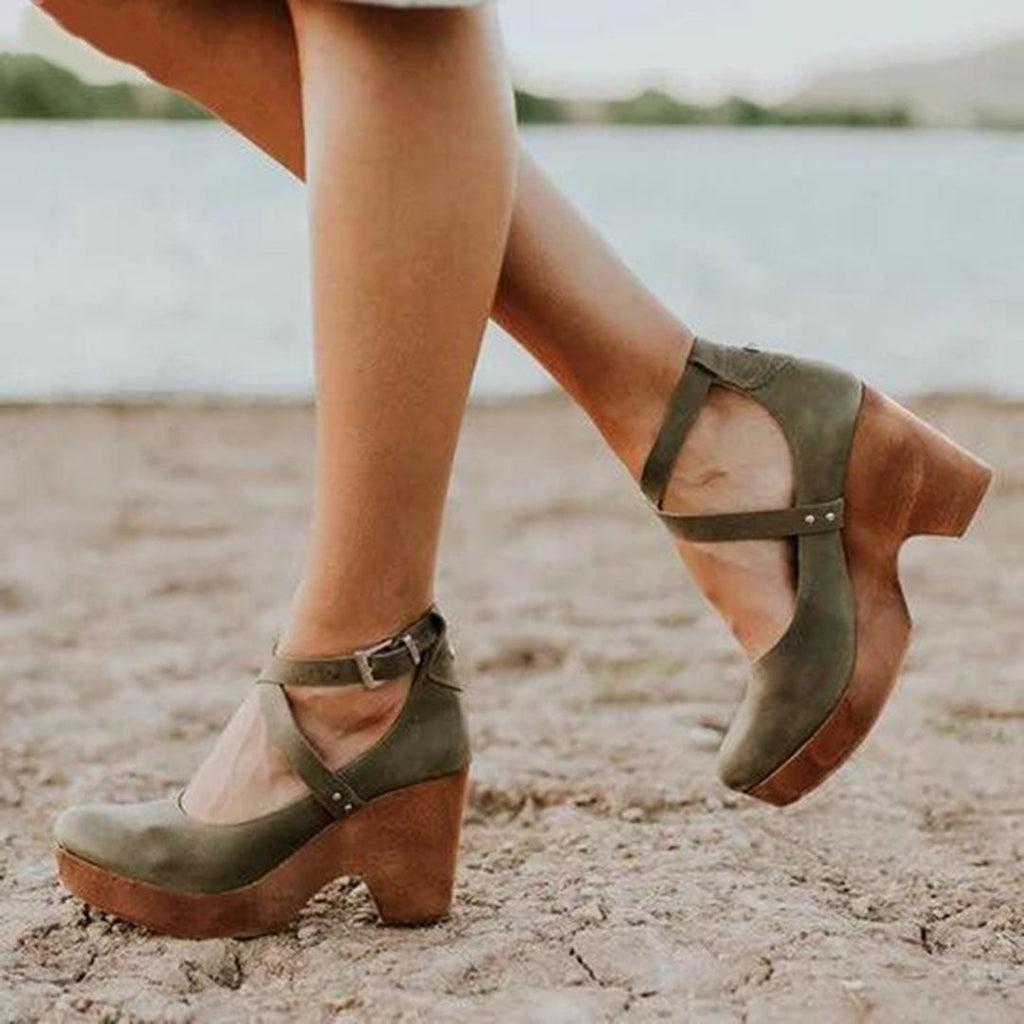 Women's Mary Jane Cross-Ankle Strap Platform Block Heels - Round Toe