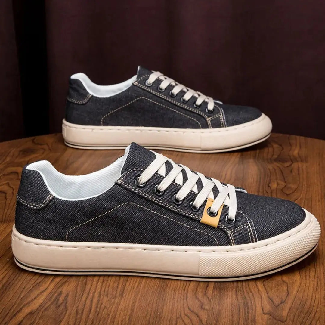 Men's Denim Low-Top Lace-Up Rounded Toe Sneakers with Contrast Stitching