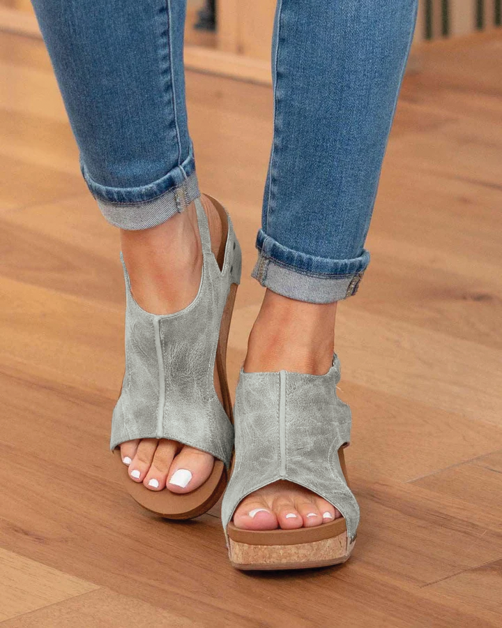 Women’s Open Toe Wedge Sandals with Cut Out Upper and Cork Effect Sole