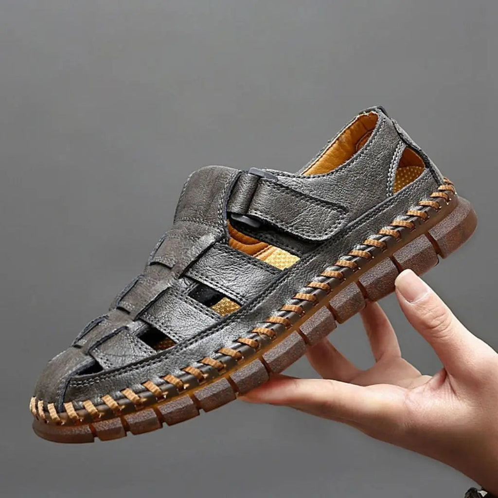 Men's Closed-Toe Hook-and-Loop Strap Leather Sandals