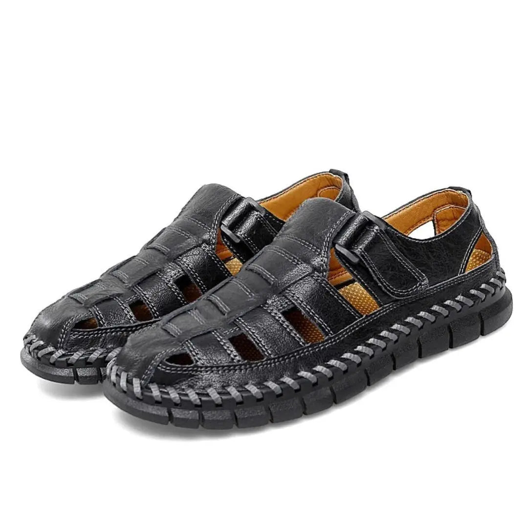 Men's Closed-Toe Hook-and-Loop Strap Leather Sandals