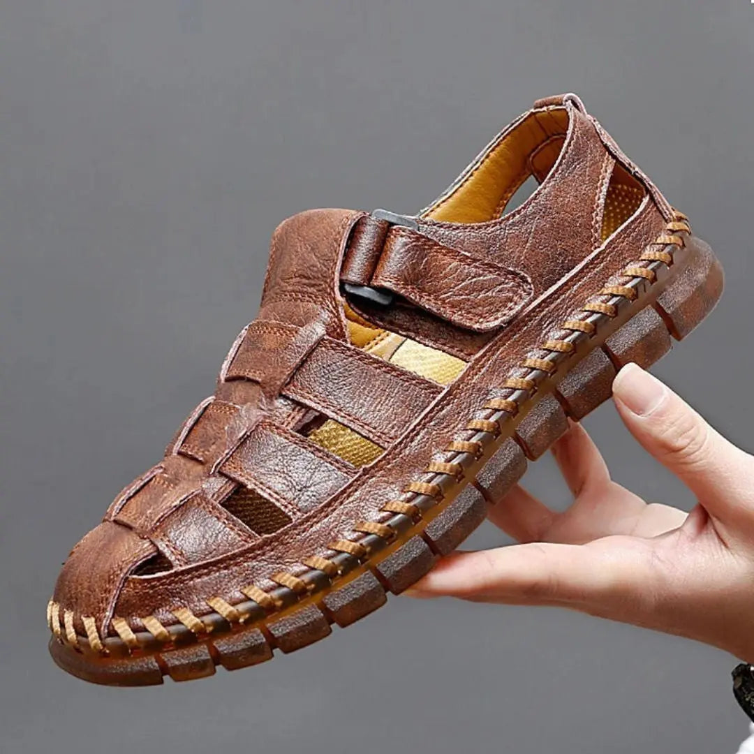Men's Closed-Toe Hook-and-Loop Strap Leather Sandals