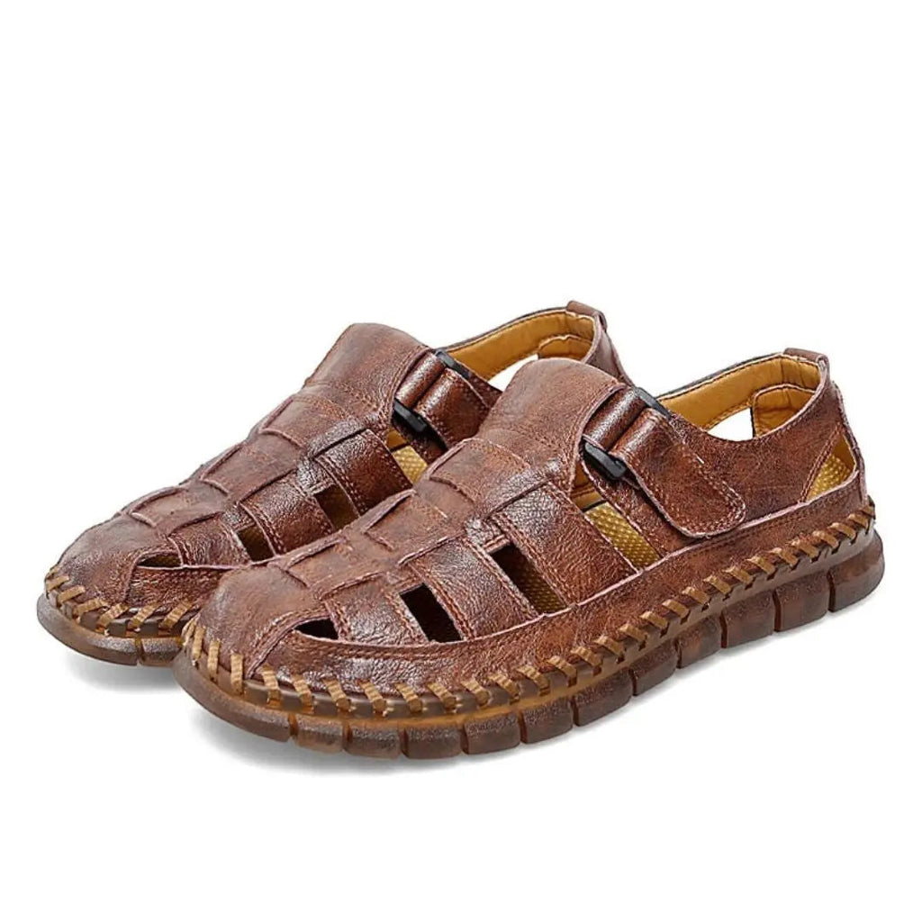Men's Closed-Toe Hook-and-Loop Strap Leather Sandals