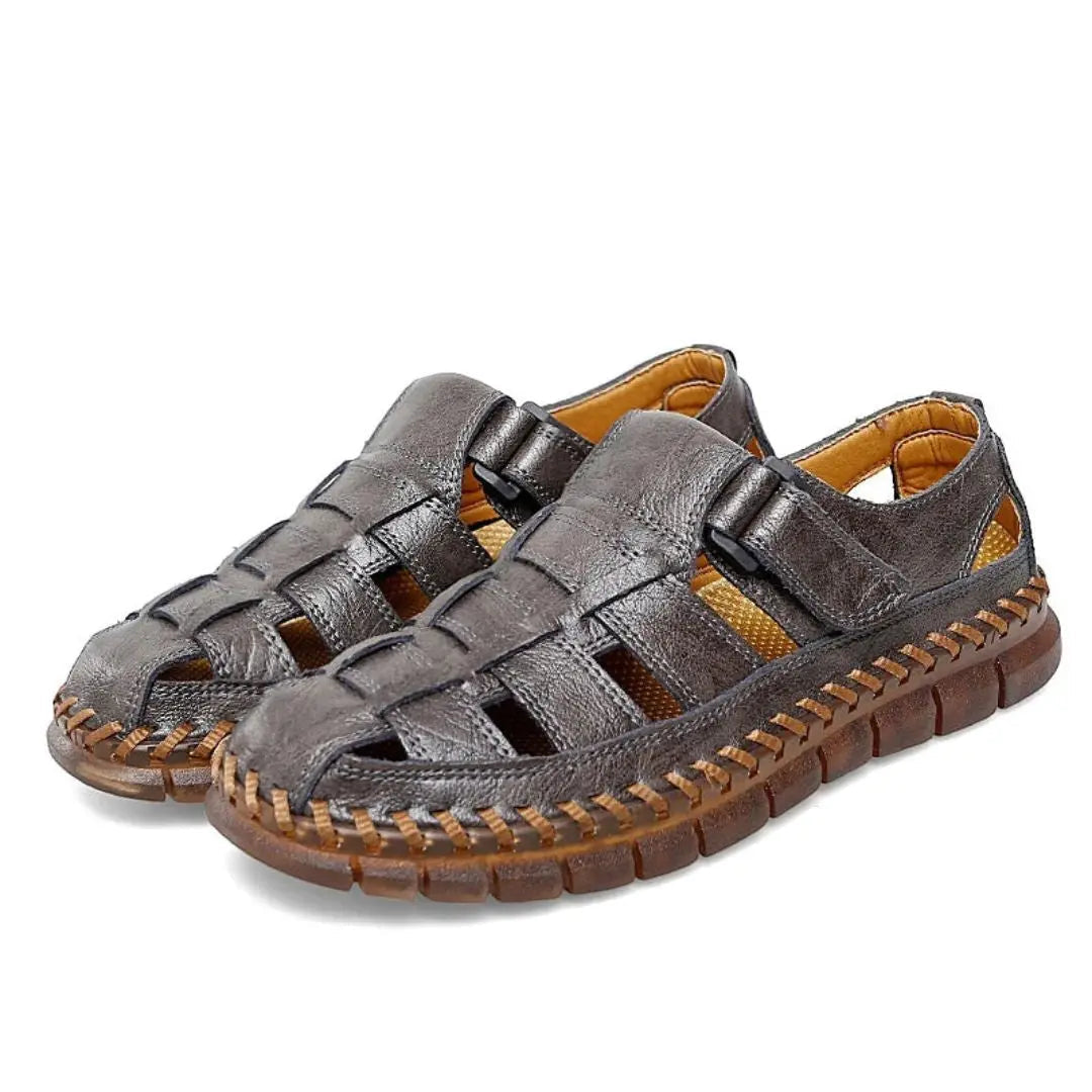 Men's Closed-Toe Hook-and-Loop Strap Leather Sandals