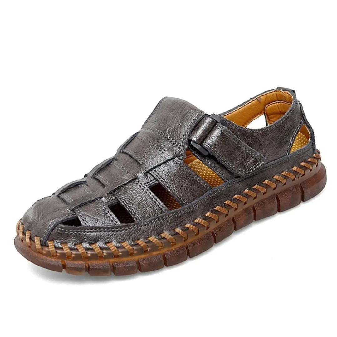 Men's Closed-Toe Hook-and-Loop Strap Leather Sandals
