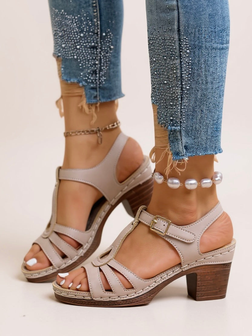 Women's T-Strap Block Heel Sandals - Open Toe Buckle Ankle Strap