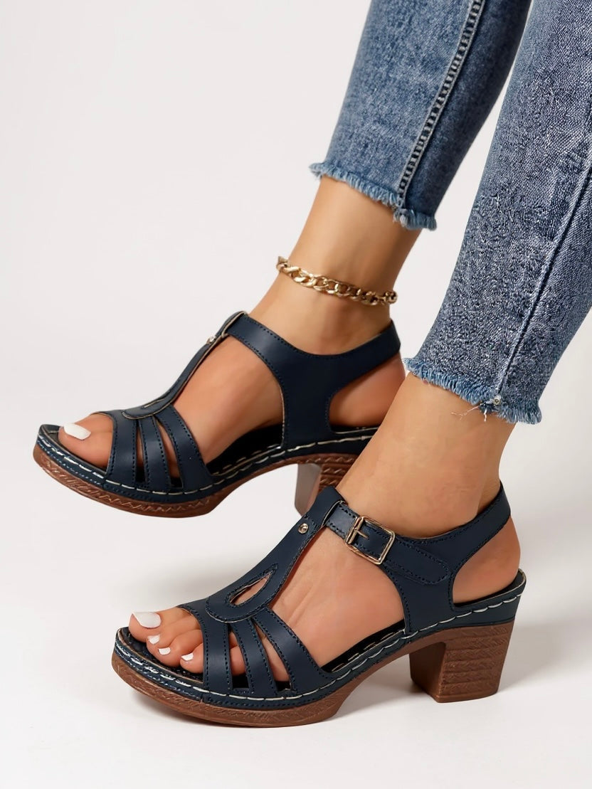 Women's T-Strap Block Heel Sandals - Open Toe Buckle Ankle Strap