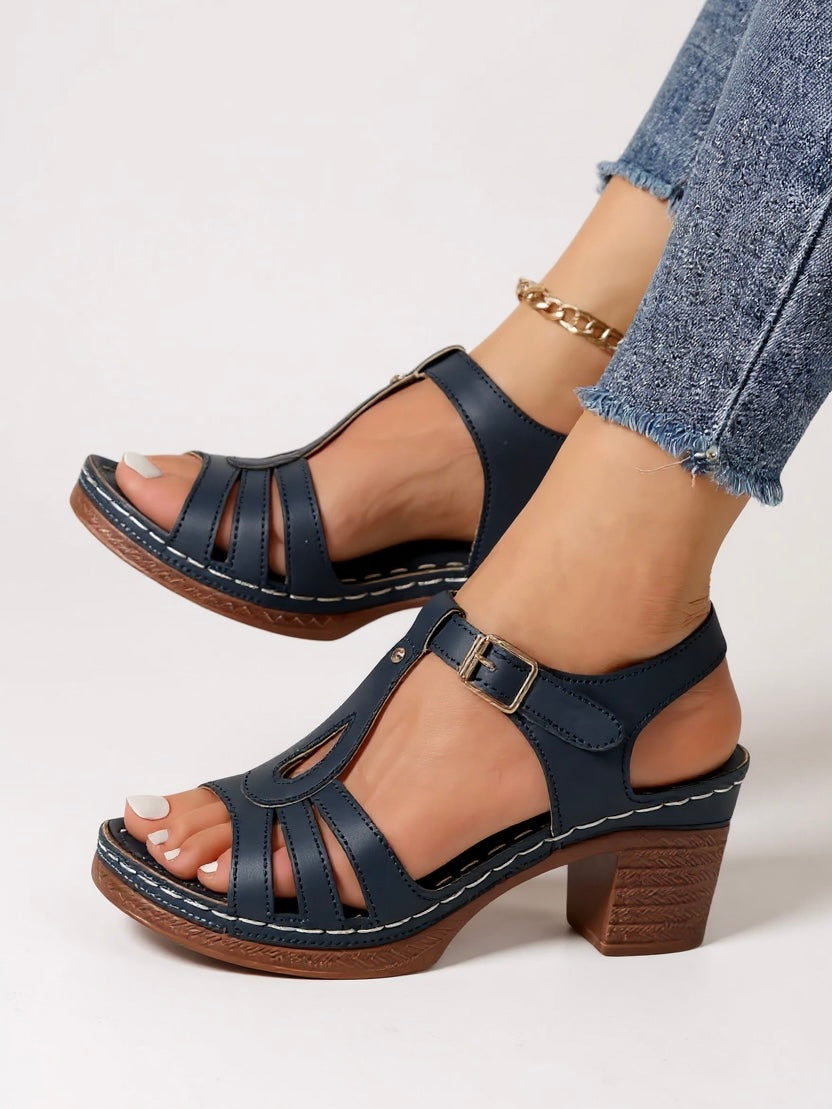 Women's T-Strap Block Heel Sandals - Open Toe Buckle Ankle Strap