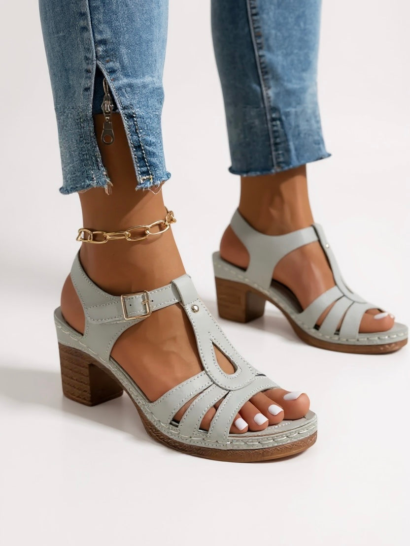 Women's T-Strap Block Heel Sandals - Open Toe Buckle Ankle Strap