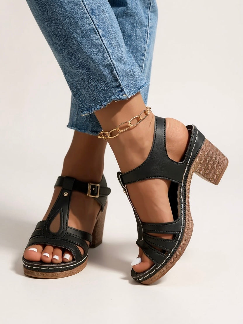 Women's T-Strap Block Heel Sandals - Open Toe Buckle Ankle Strap