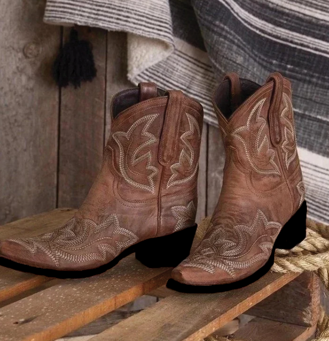 Women’s Embroidered Western Ankle Boots with Block Heel