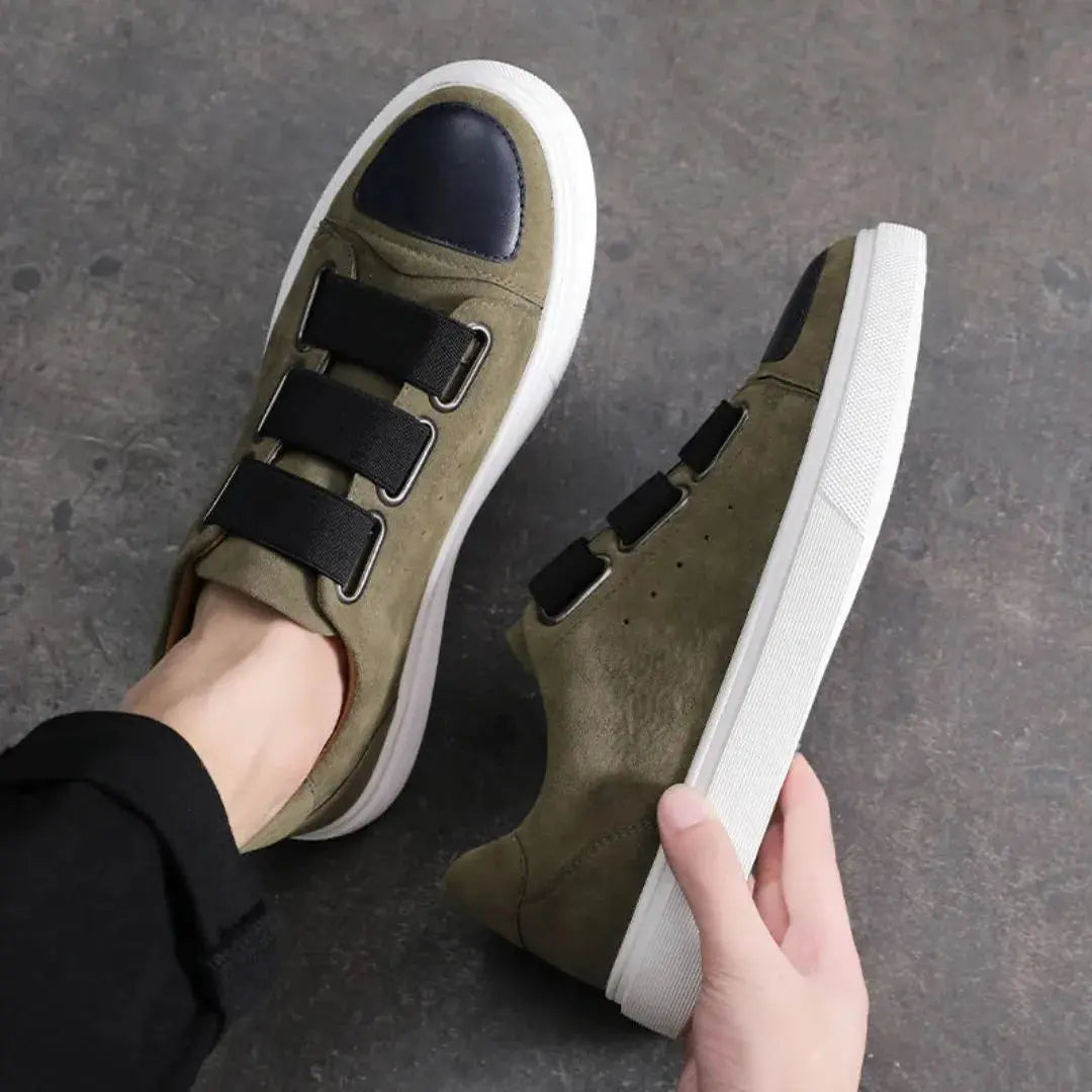 Men's Low-Top Velcro Strap Platform Sneakers - Contrasting Rounded Toe