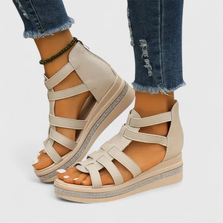 Women's Rhinestone Platform Wedge Gladiator Sandals - Zip Closure