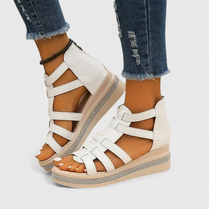 Women's Rhinestone Platform Wedge Gladiator Sandals - Zip Closure