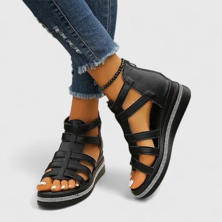 Women's Rhinestone Platform Wedge Gladiator Sandals - Zip Closure