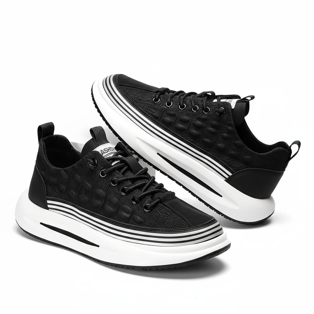 Men's Casual Sneakers - Lace-Up Embossed Upper Thick Cupsole Stripe Midsole