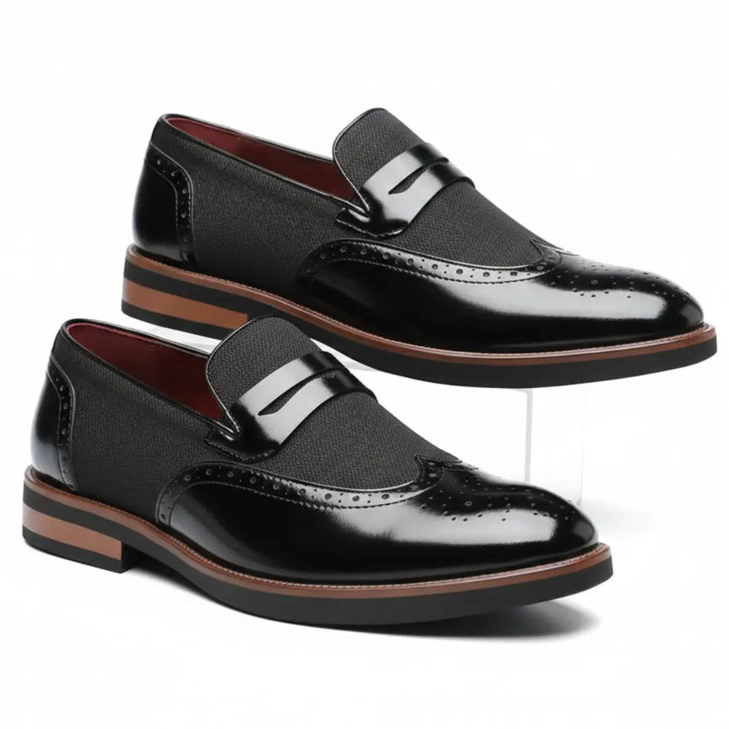 Men's Brogue Detail Slip-On Penny Loafers with Mixed Materials