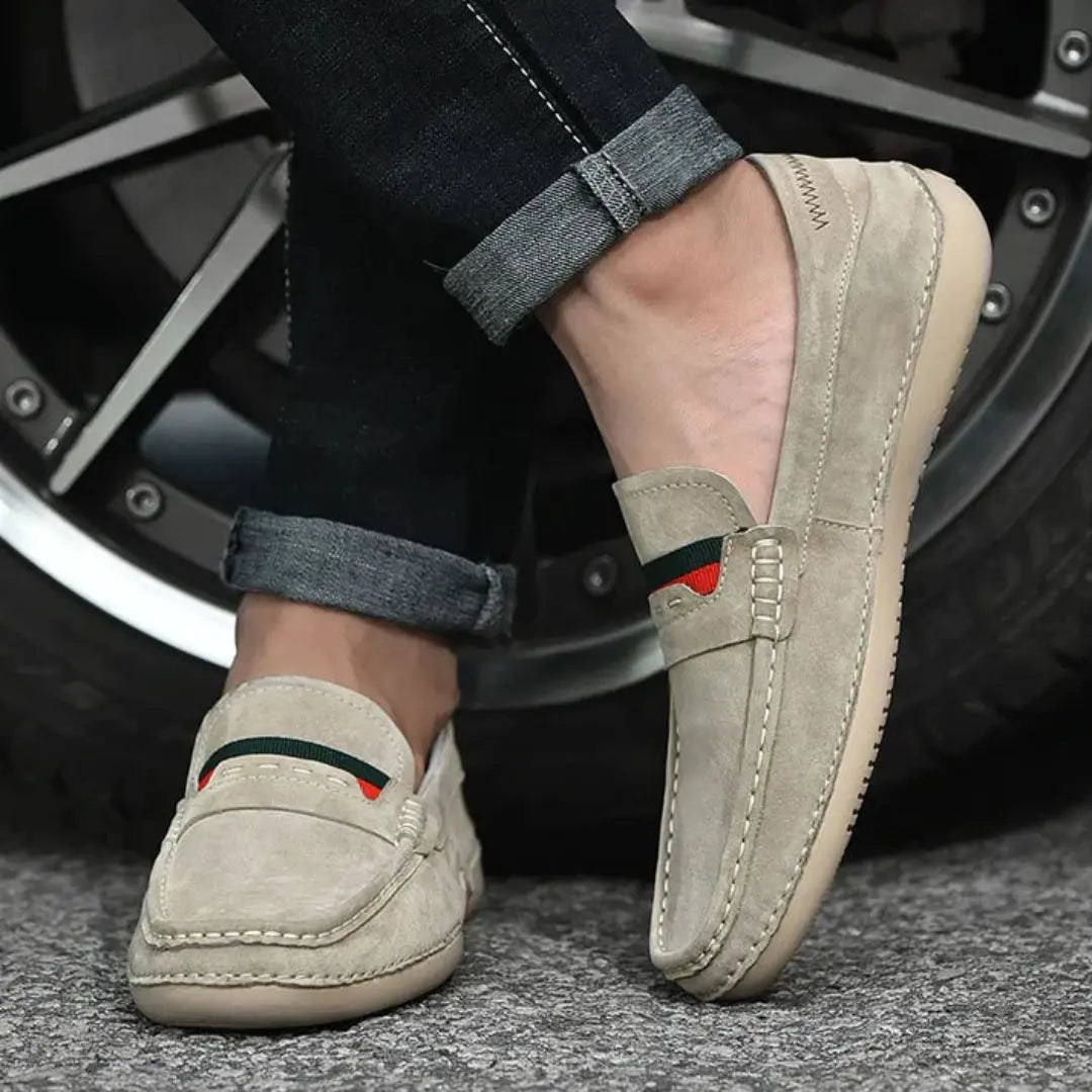 Men's Slip-On Penny Suede Loafers - Moc Toe - Flat Sole