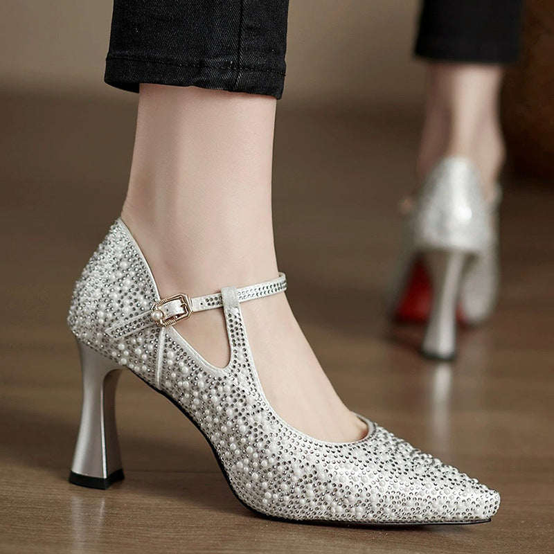 Women’s Pointed Toe T-Strap Heels with Buckle Closure and Mid Flared Heel