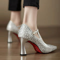 Women’s Pointed Toe T-Strap Heels with Buckle Closure and Mid Flared Heel