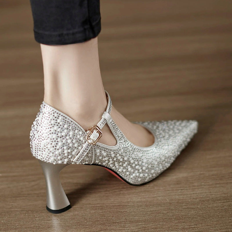 Women’s Pointed Toe T-Strap Heels with Buckle Closure and Mid Flared Heel