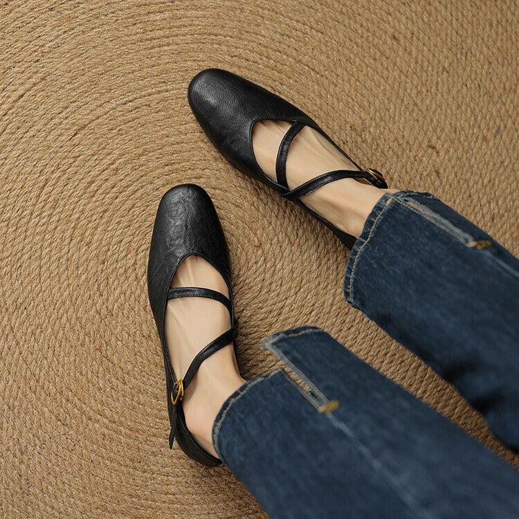 Women's Mary Jane Square Toe Leather Flats - Ankle Strap Buckle