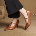 Women’s T-Strap Pointed Toe High Heels – Buckle Strap Closed Toe Shoes