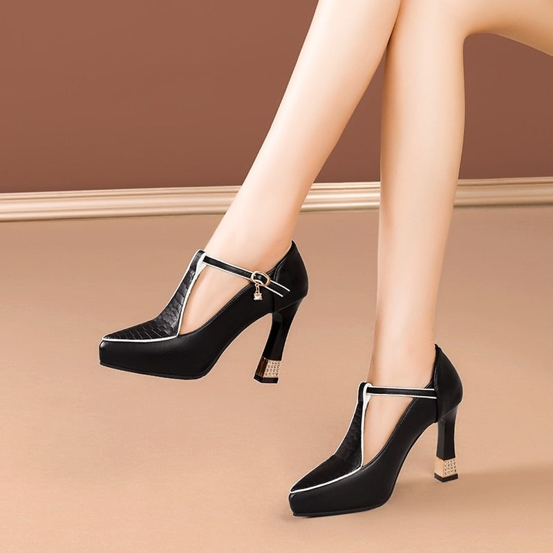 Women’s T-Strap High Heel Shoes with Platform Sole – Closed Toe Design