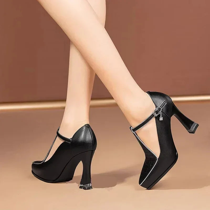 Women’s T-Strap High Heel Shoes with Platform Sole – Closed Toe Design