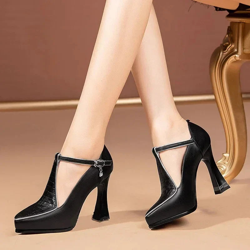 Women’s T-Strap High Heel Shoes with Platform Sole – Closed Toe Design