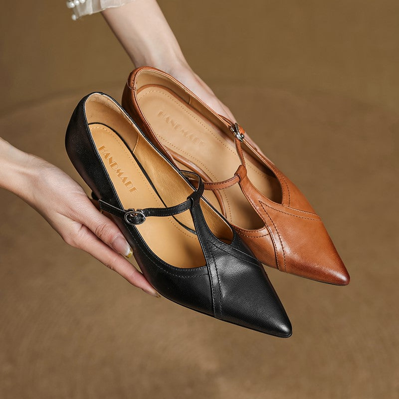 Women’s T-Strap Pointed Toe High Heels – Buckle Strap Closed Toe Shoes