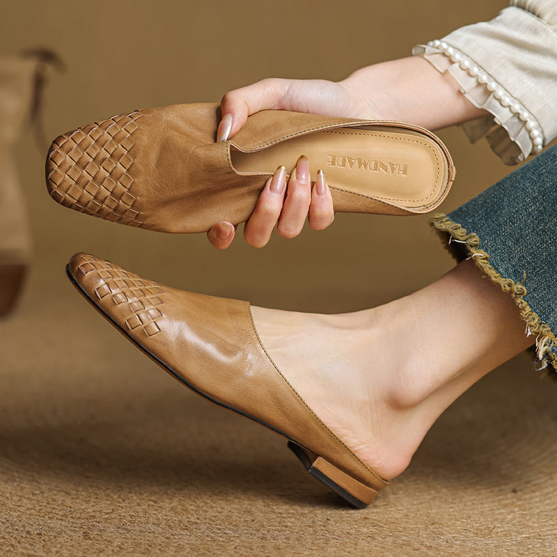 Women's Square Toe Slip-On Mule - Woven Toe Cap - Cowhide Leather Upper