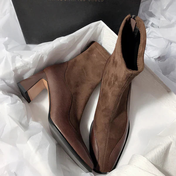 Women’s Ankle Boots with Block Heel and Spliced Panel Design