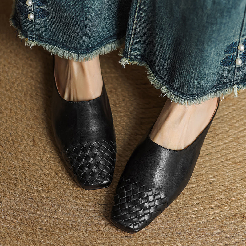 Women's Square Toe Slip-On Mule - Woven Toe Cap - Cowhide Leather Upper
