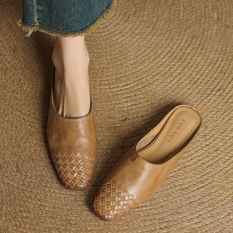 Women's Square Toe Slip-On Mule - Woven Toe Cap - Cowhide Leather Upper
